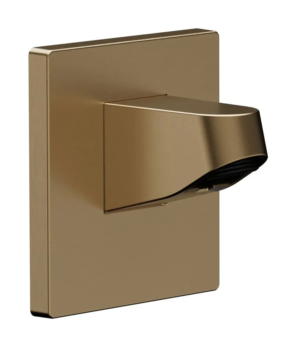 Wandanschluss von Hansgrohe für Kopfbrause in Brushed Bronze. Quadratförmige Abdeckung mit gebogenem Auslass für Wasserführung.